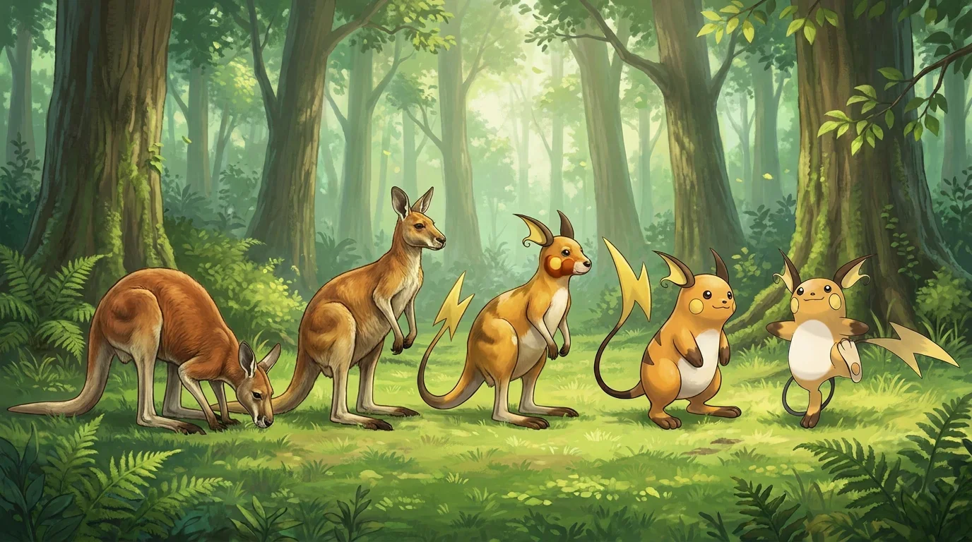 A adult red kangaroo turning into Raichu