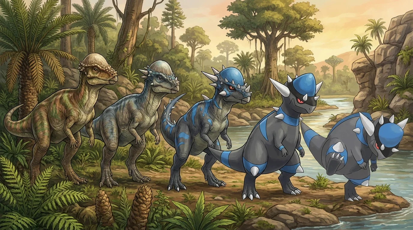 A adult pachycephalosaurus turning into Rampardos