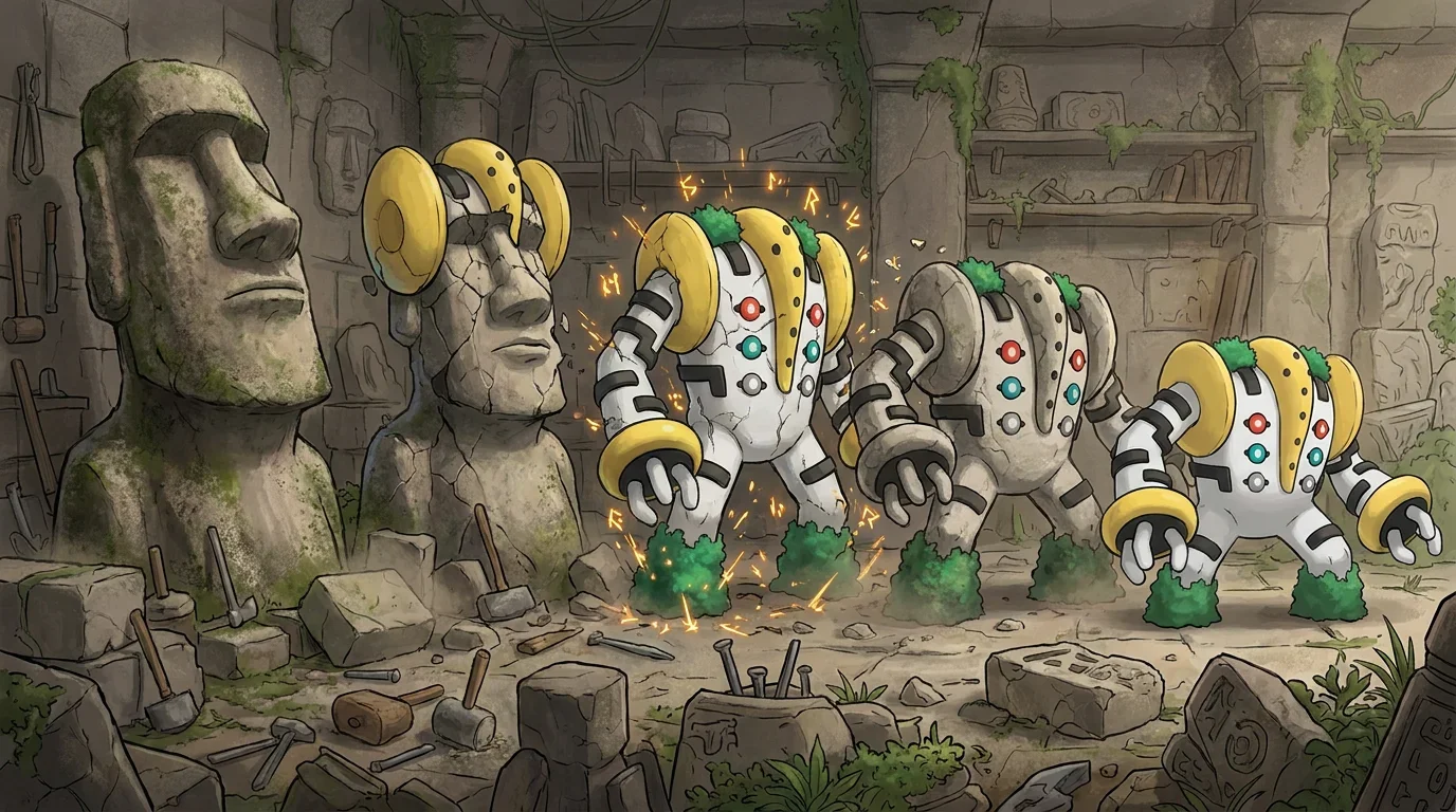 A giant stone moai statue turning into Regigigas