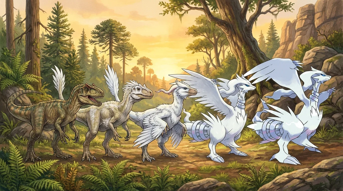 A allosaurus theropod turning into Reshiram
