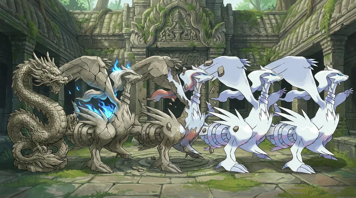 A stone statue of a chinese dragon turning into Reshiram