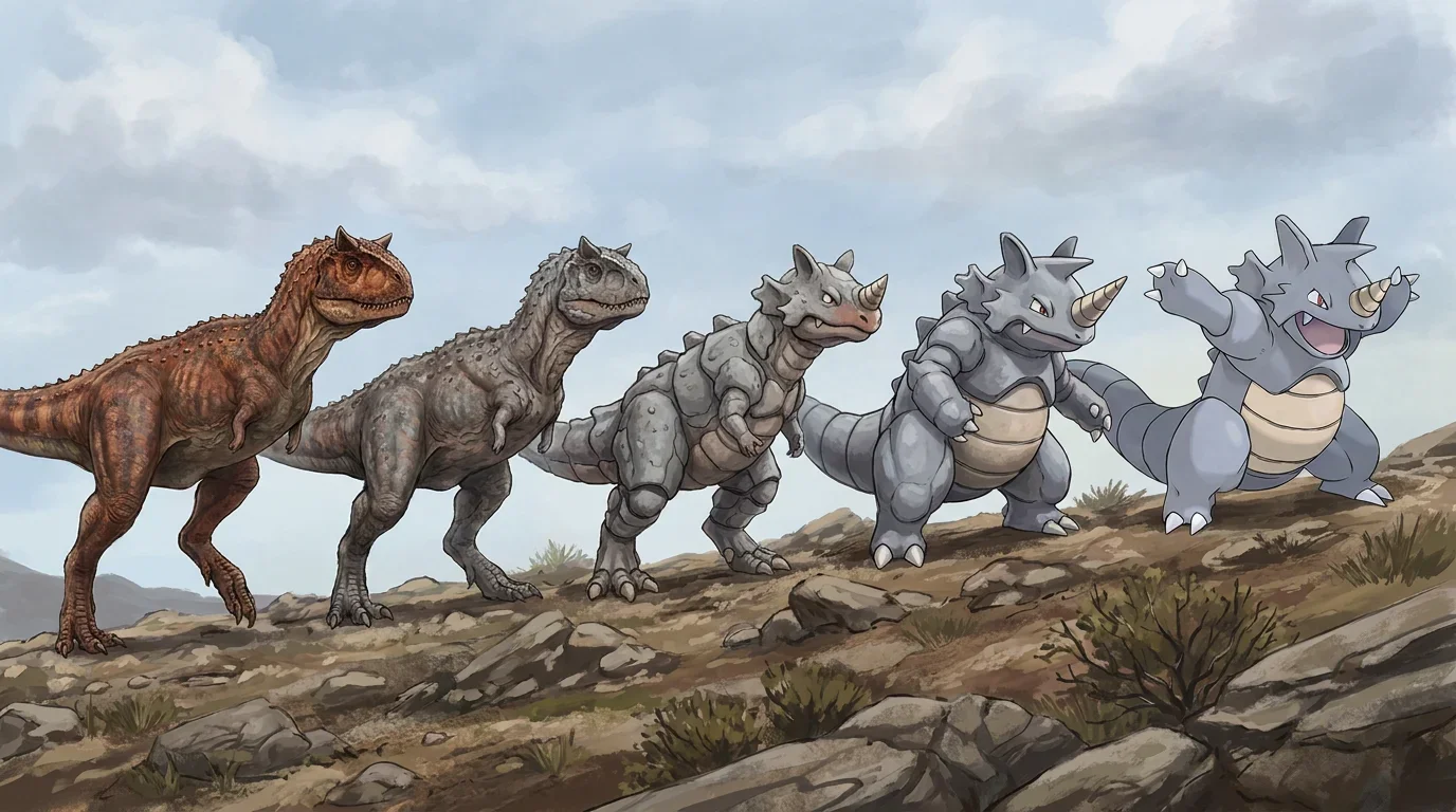 A adult carnotaurus turning into Rhydon