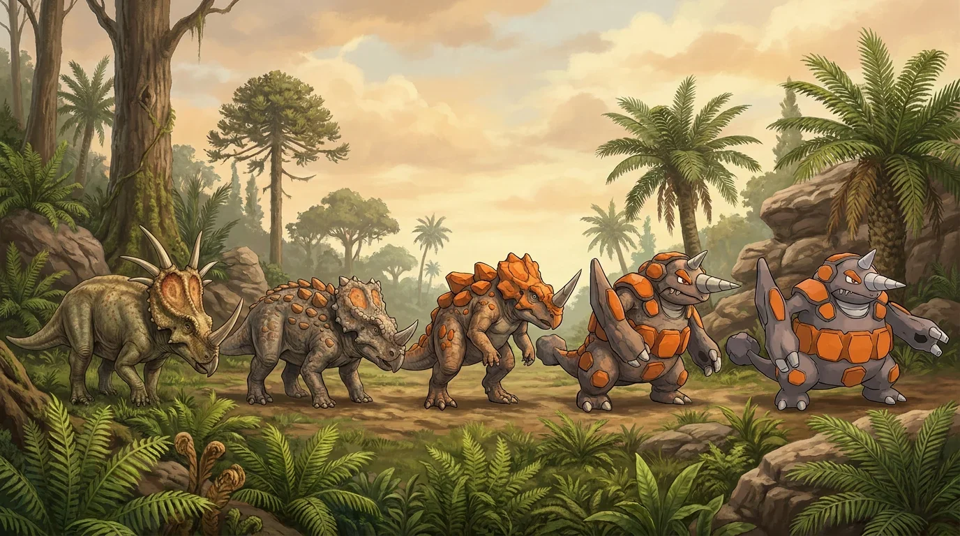A adult styracosaurus turning into Rhyperior