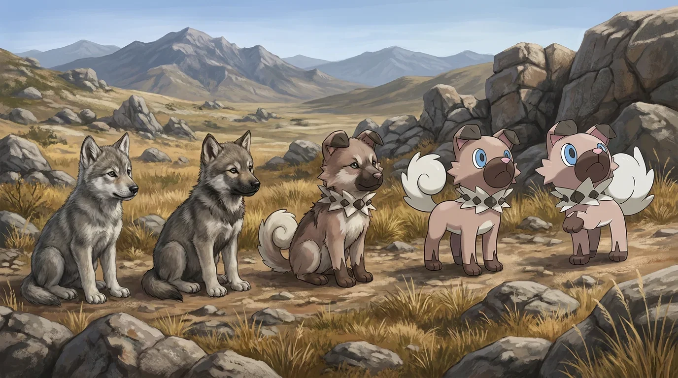 A gray wolf pup turning into Rockruff