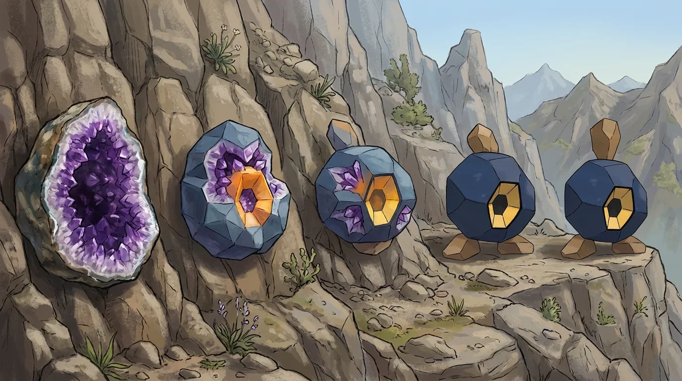 A amethyst geode turning into Roggenrola