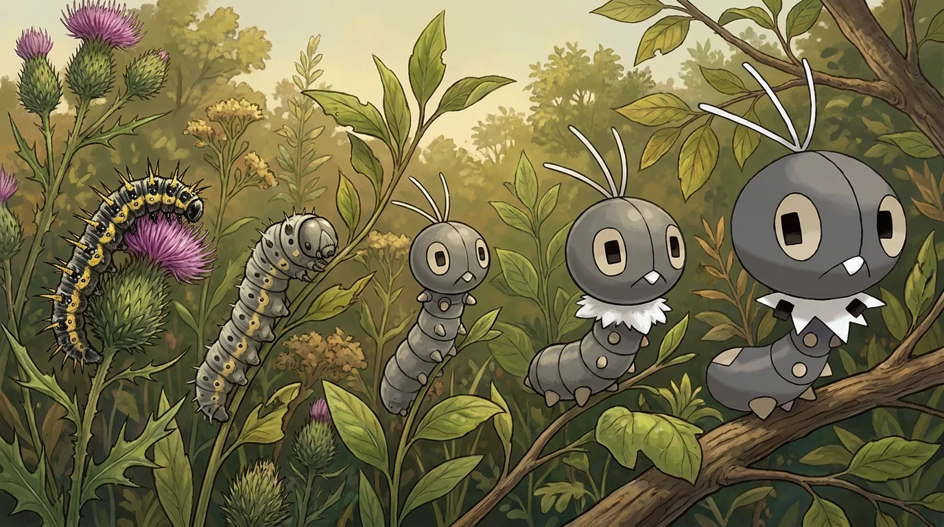 A painted lady caterpillar turning into Scatterbug