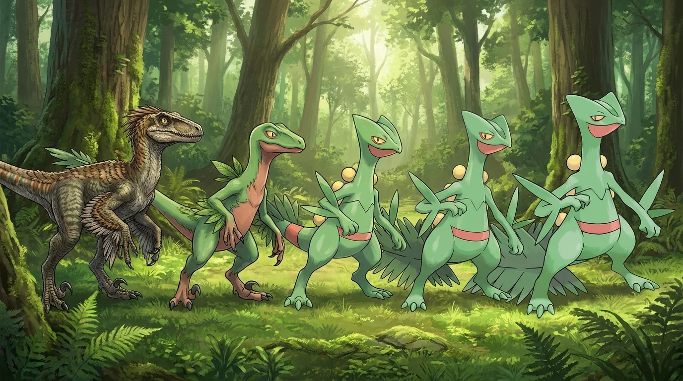 A adult velociraptor turning into Sceptile