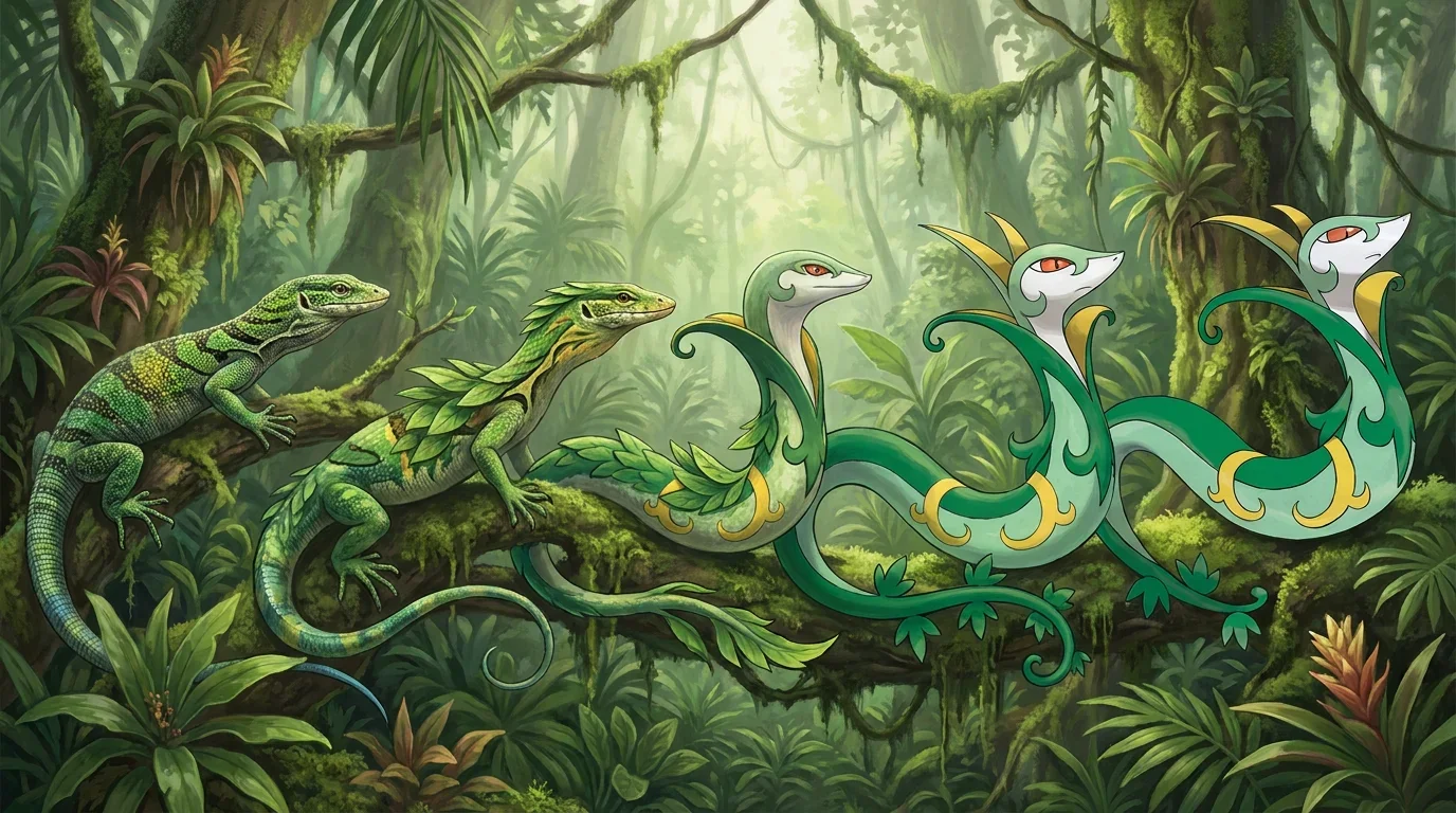 A adult emerald tree monitor turning into Serperior