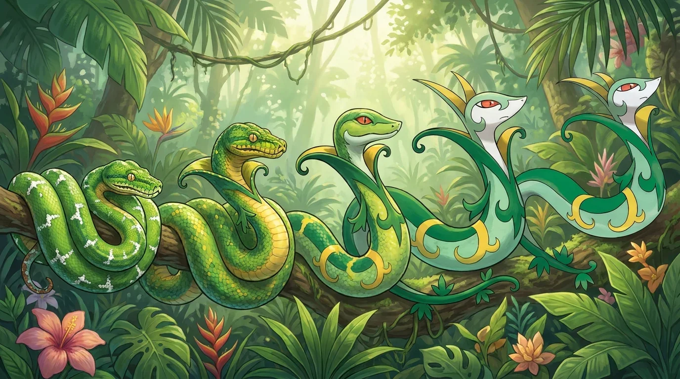 A emerald tree boa turning into Serperior
