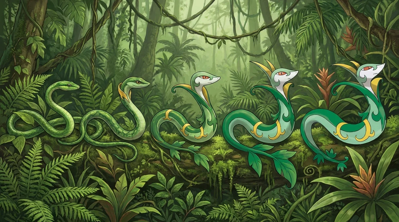 A green vine snake turning into Serperior
