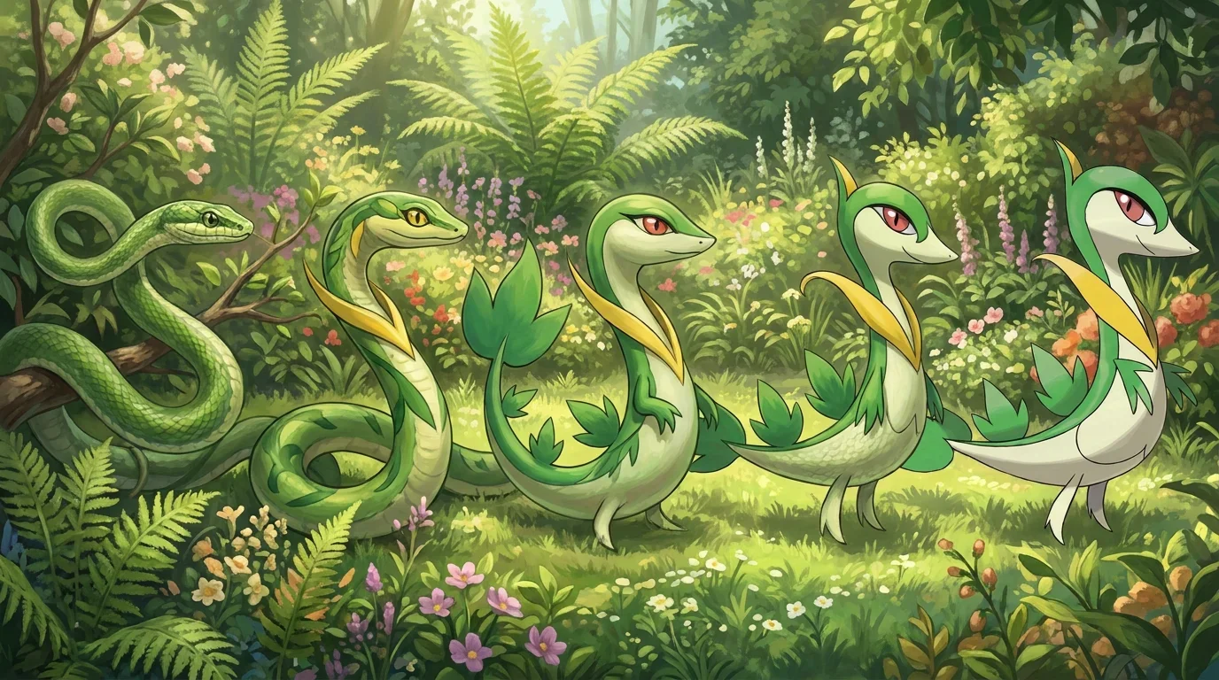 A green tree snake turning into Servine
