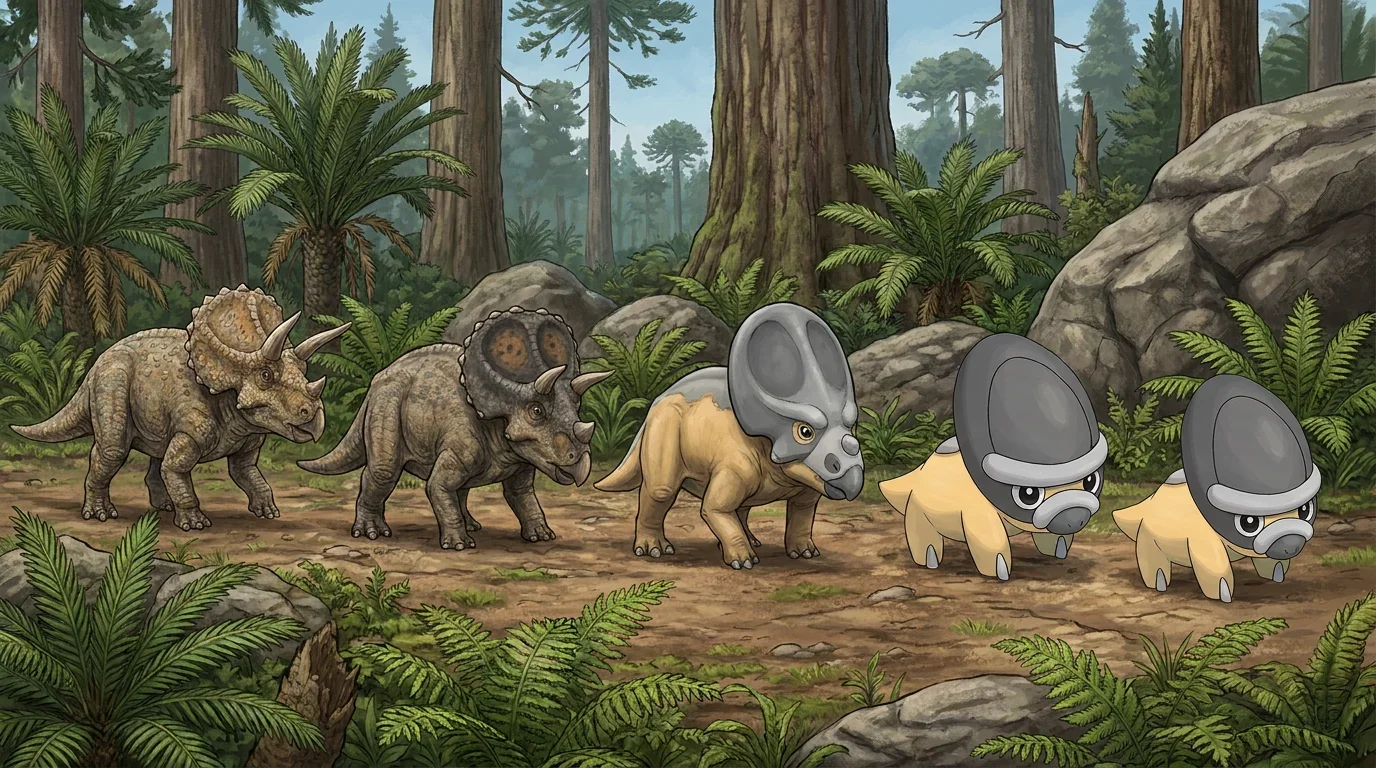 A young triceratops turning into Shieldon