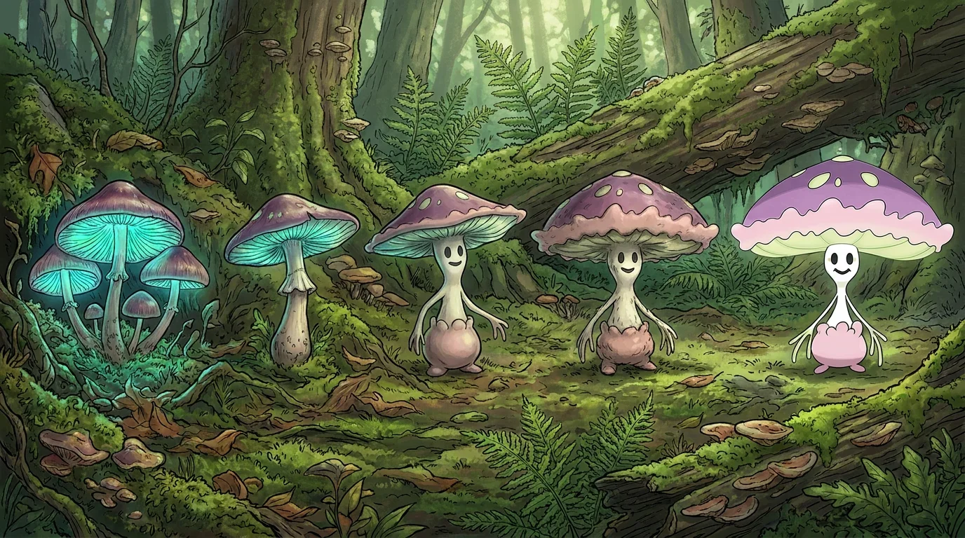 A glowing mycena mushroom turning into Shiinotic