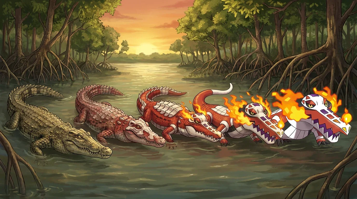 A saltwater crocodile turning into Skeledirge