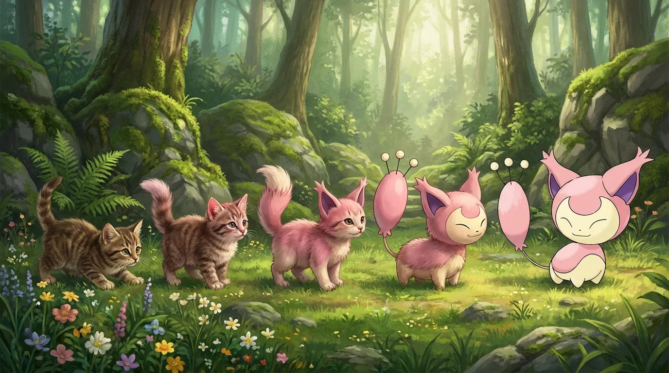 A domestic kitten turning into Skitty