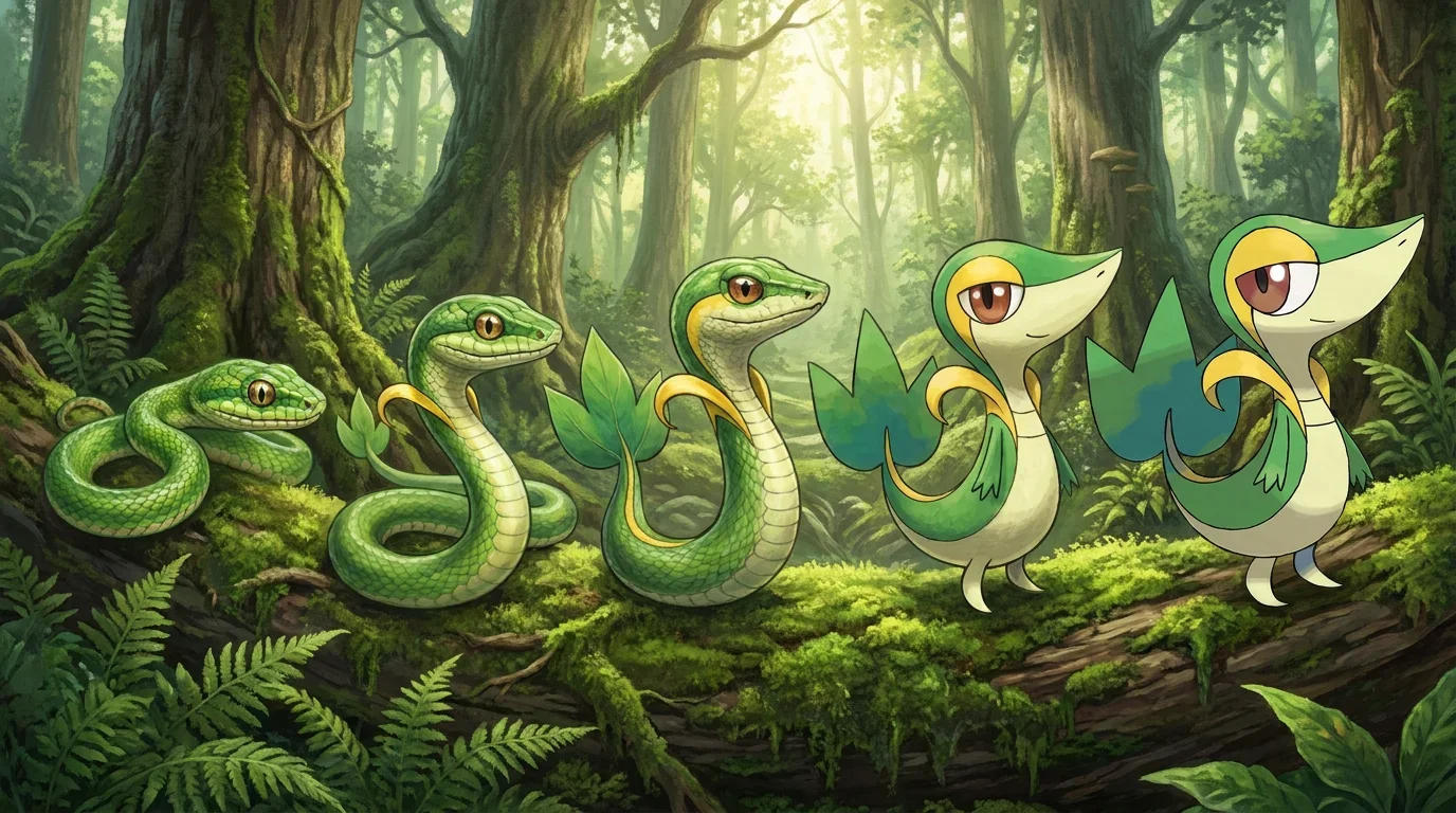 A green tree snake hatchling turning into Snivy