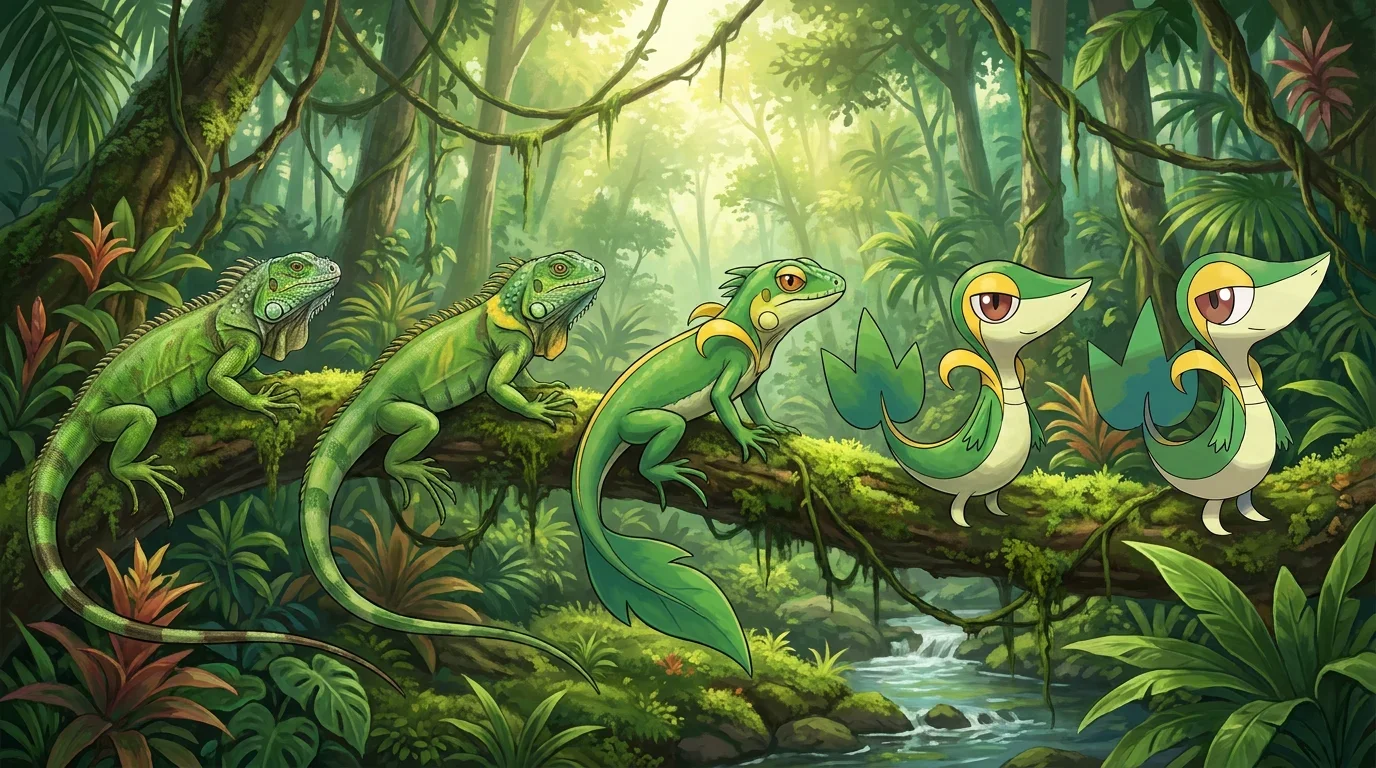 A young green iguana turning into Snivy