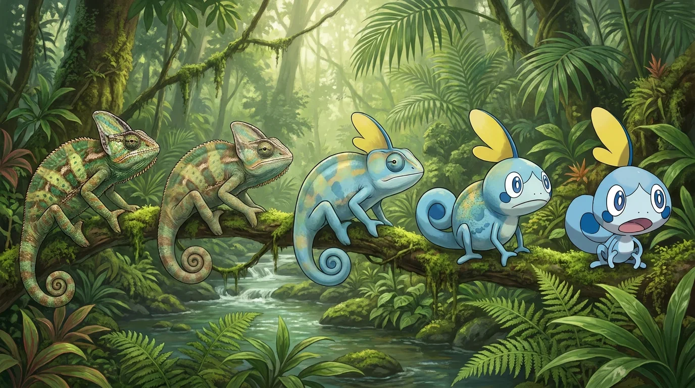A young veiled chameleon turning into Sobble