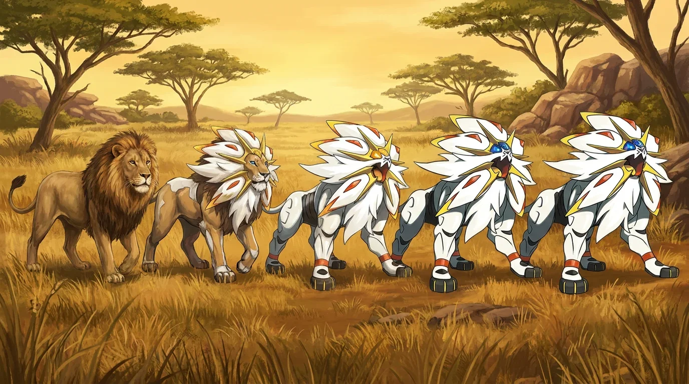 A african lion turning into Solgaleo