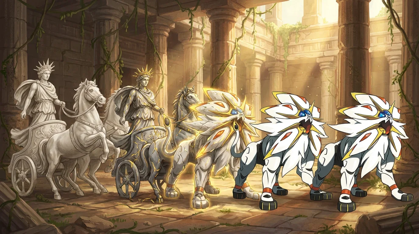 A marble statue of helios turning into Solgaleo