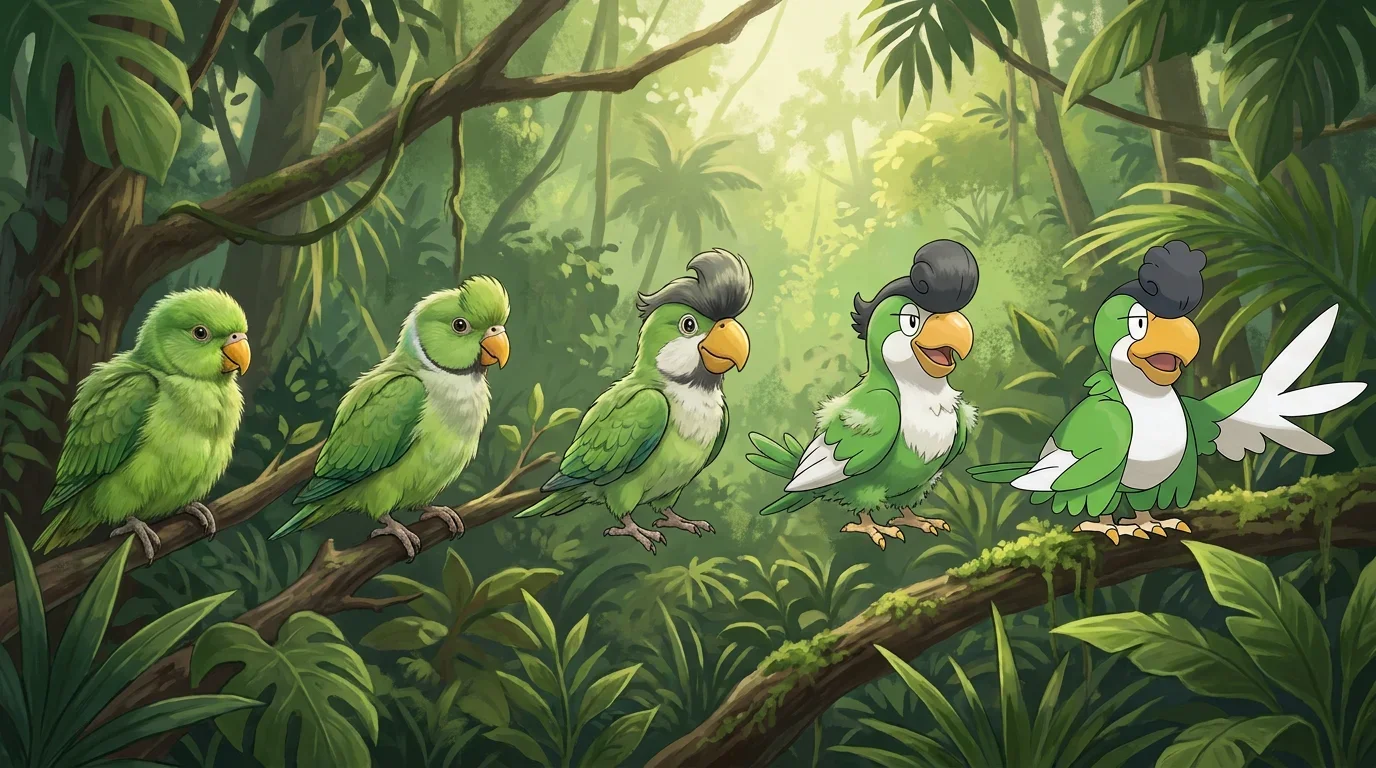 A rose ringed parakeet chick turning into Squawkabilly