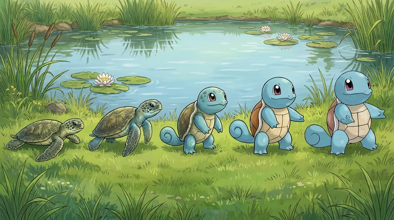 A green sea turtle hatchling turning into Squirtle