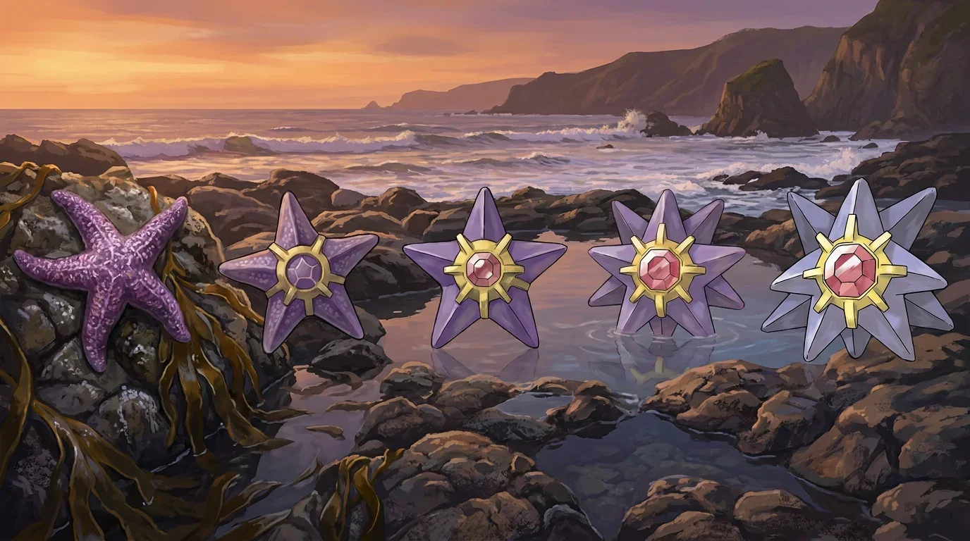 A purple sea star turning into Starmie