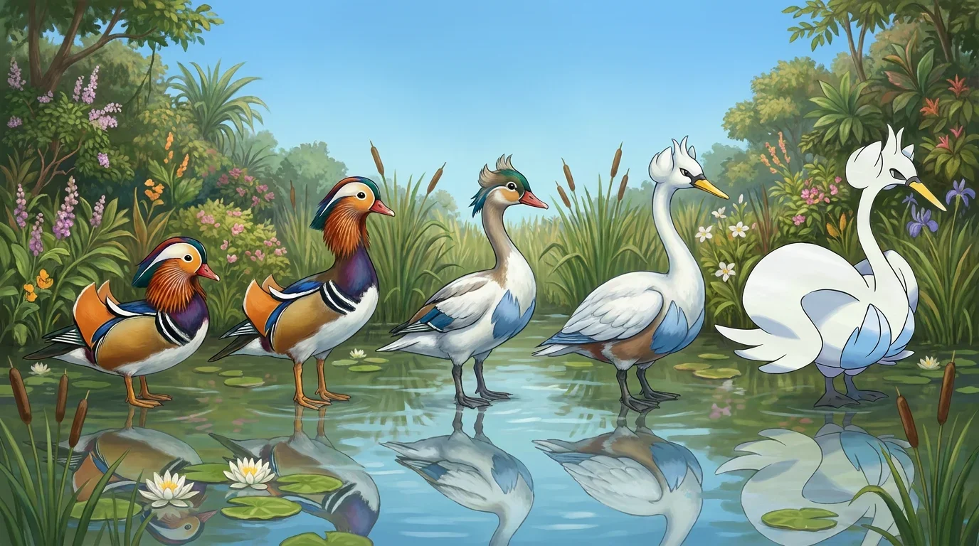 A adult mandarin duck turning into Swanna