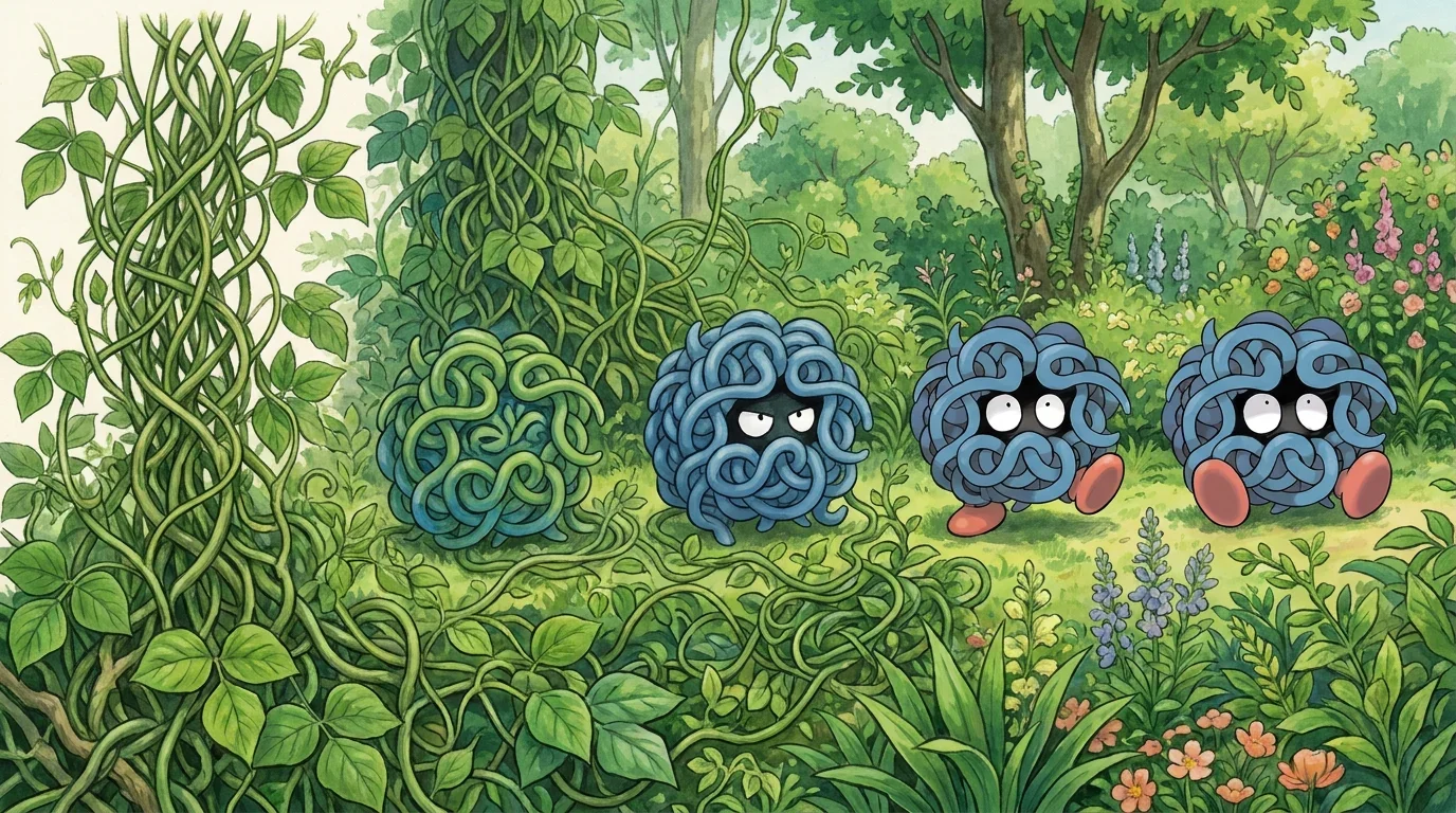 A tangled kudzu vines turning into Tangela