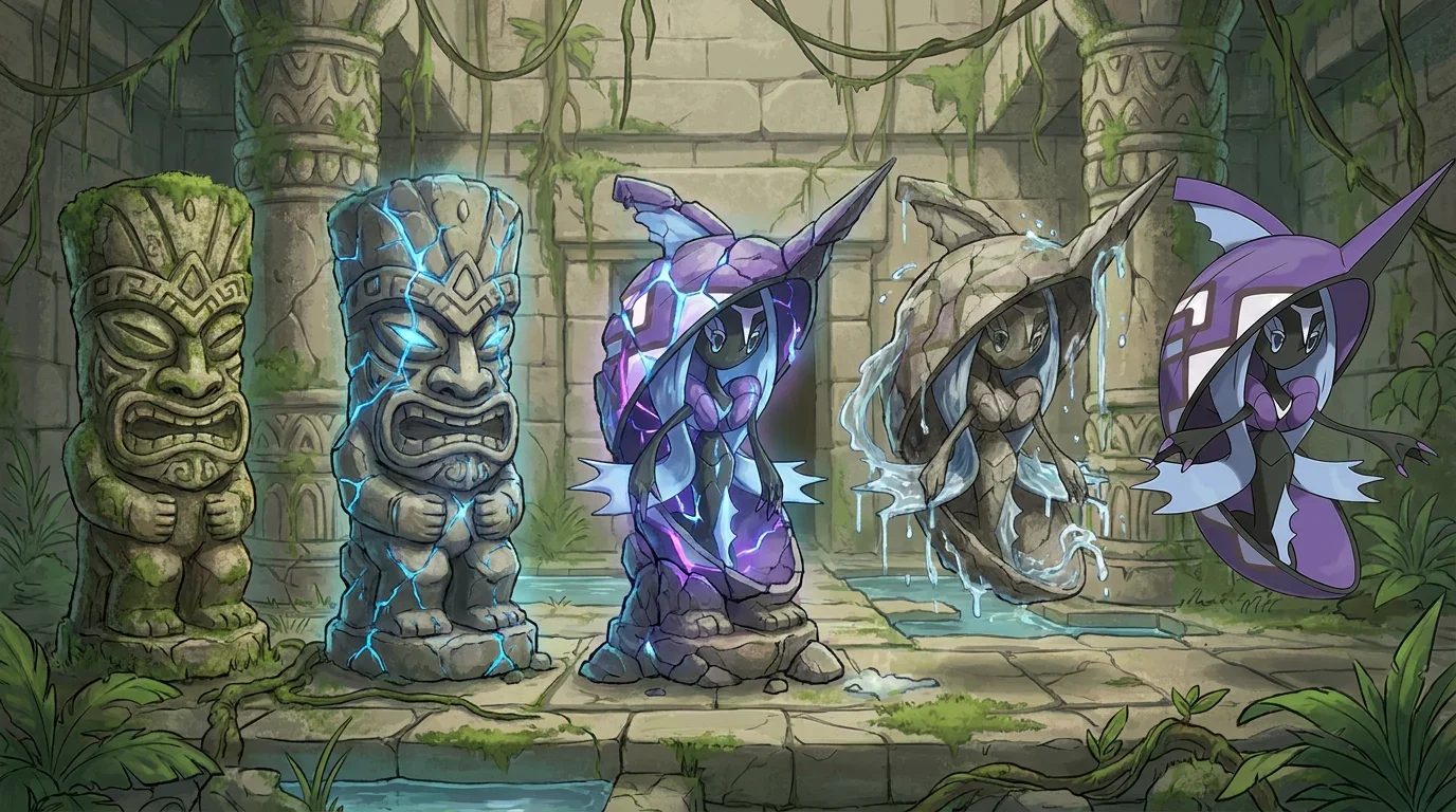 A stone tiki statue turning into Tapu Fini