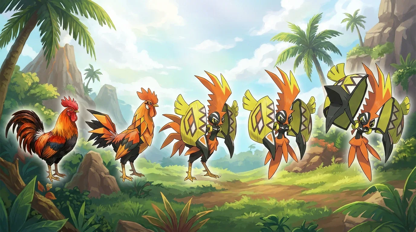 A domestic rooster turning into Tapu Koko
