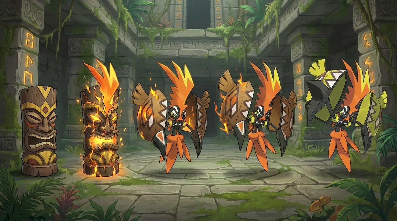 A wooden tiki statue turning into Tapu Koko