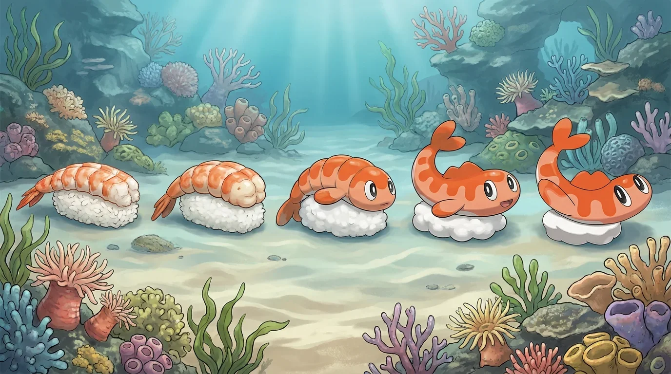 A nigiri shrimp turning into Tatsugiri