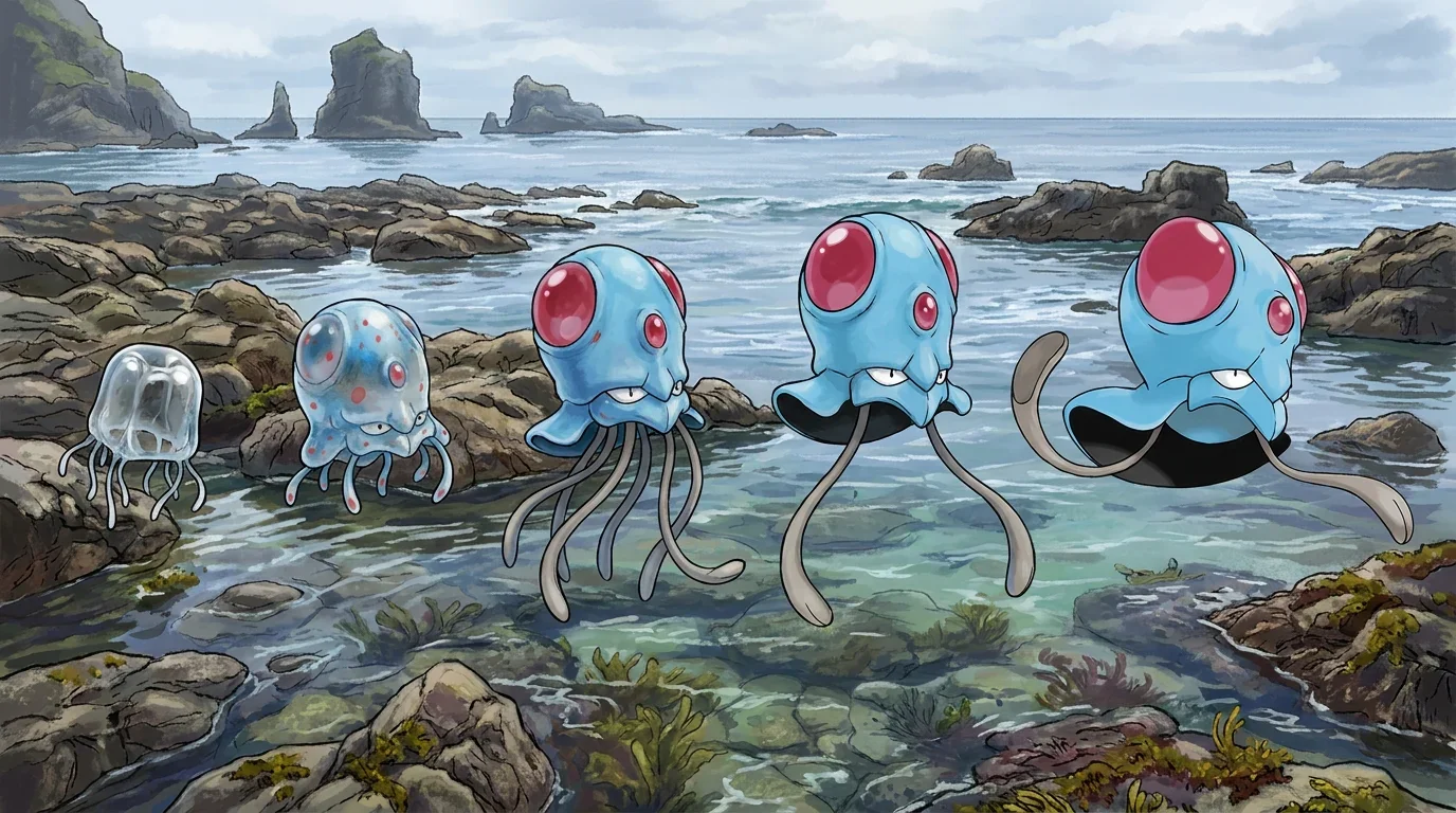 A box jellyfish ephyra turning into Tentacool