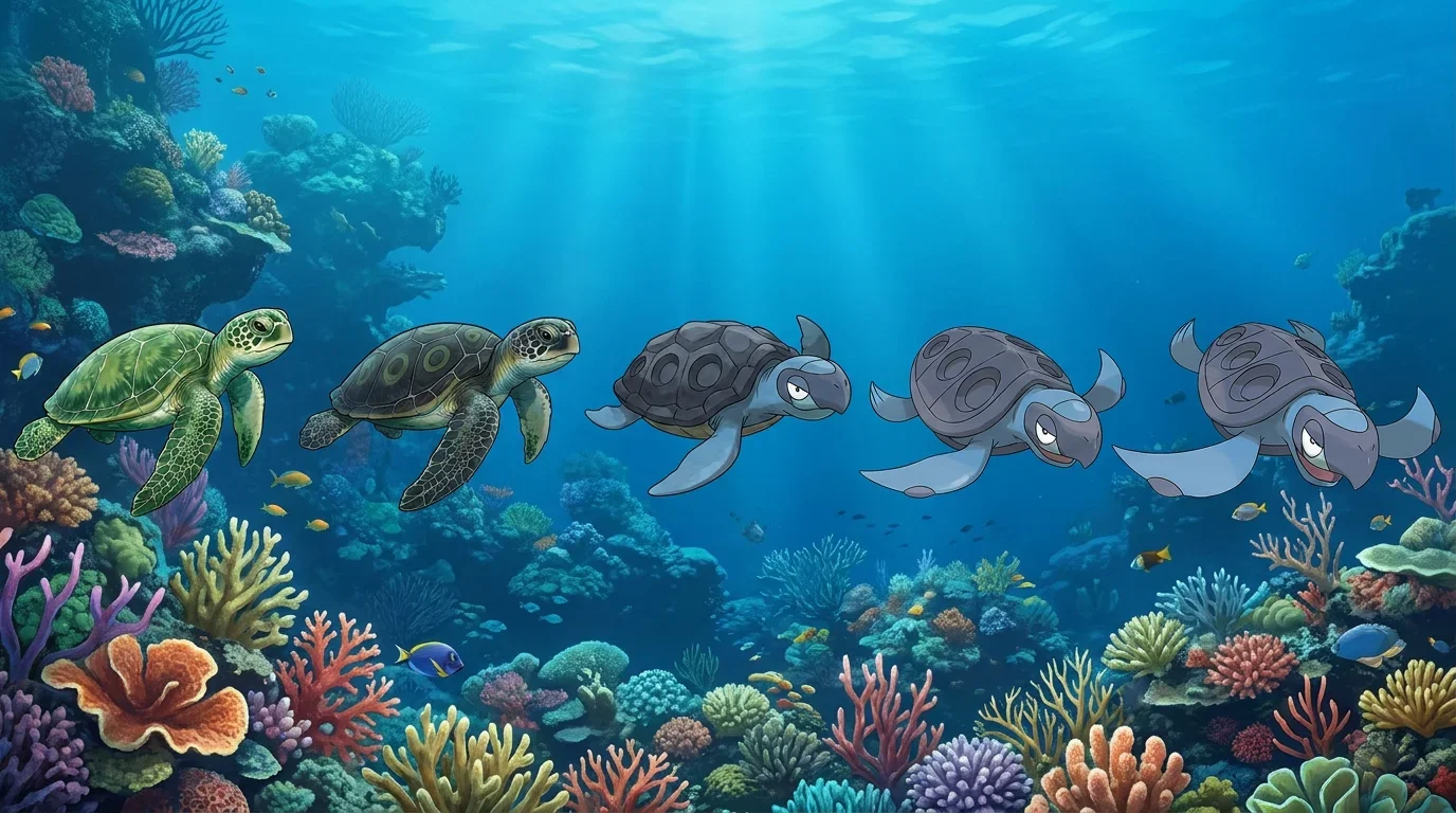 A young green sea turtle turning into Tirtouga