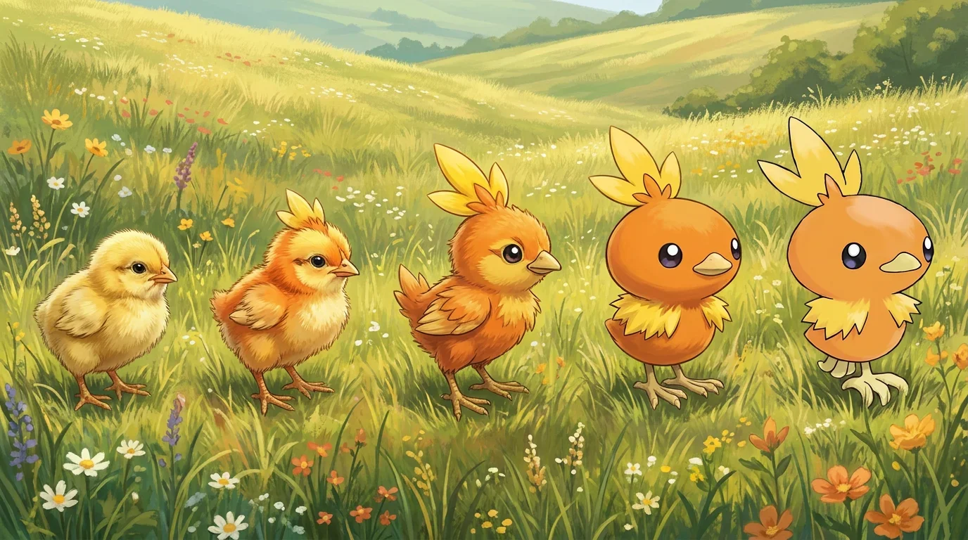 A chicken hatchling turning into Torchic