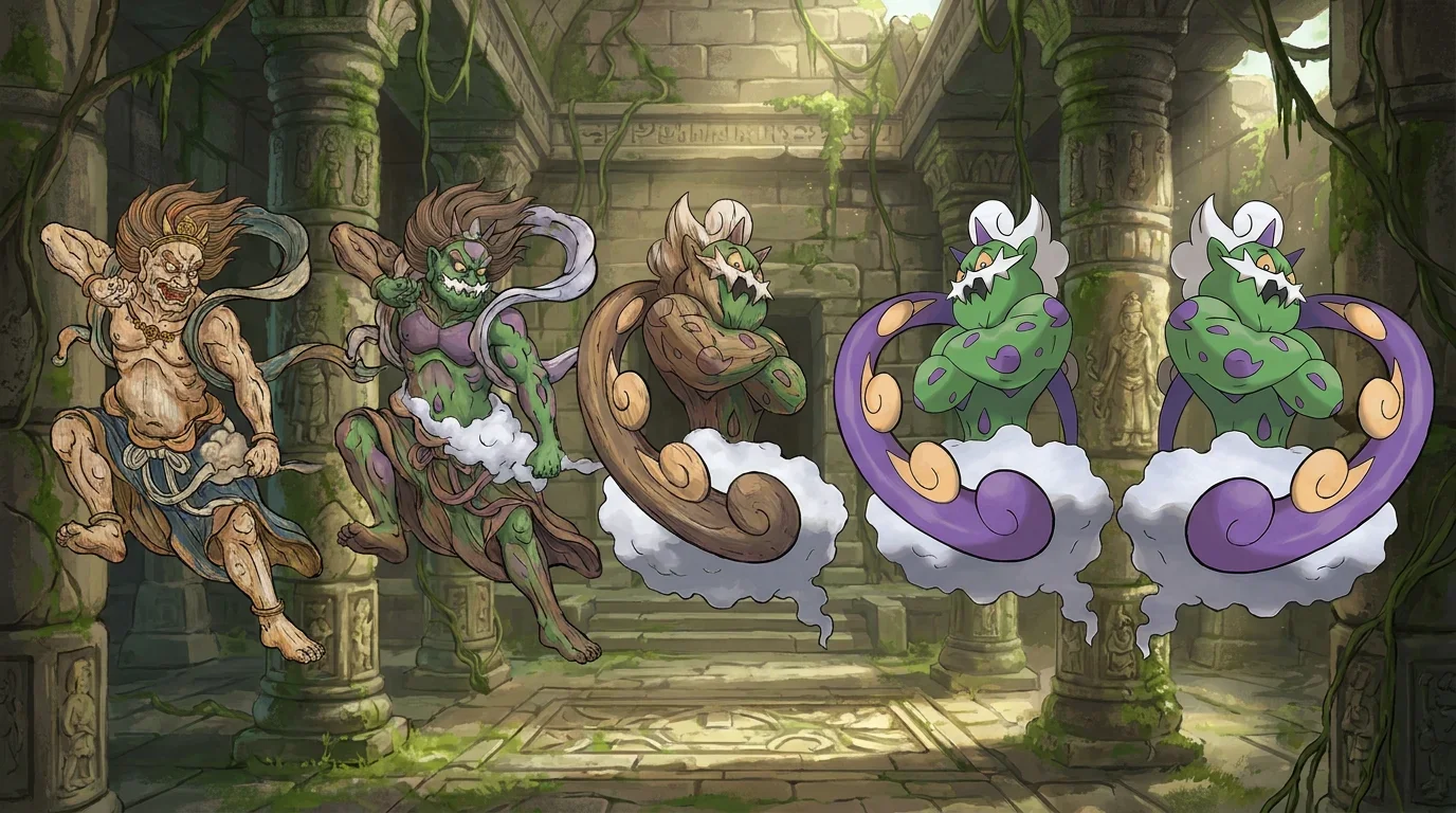 A wooden carving of fujin turning into Tornadus