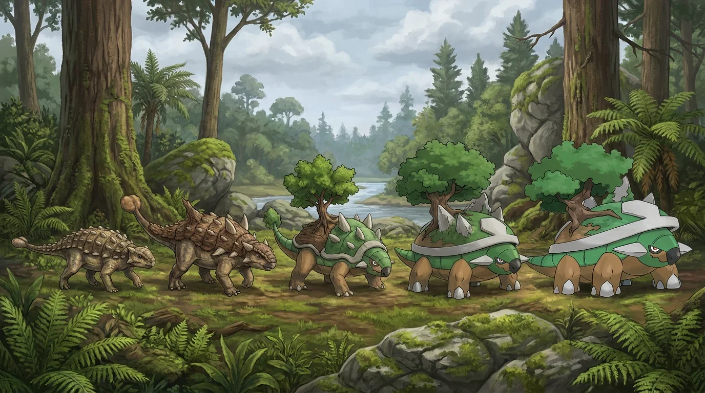 A young ankylosaurus turning into Torterra