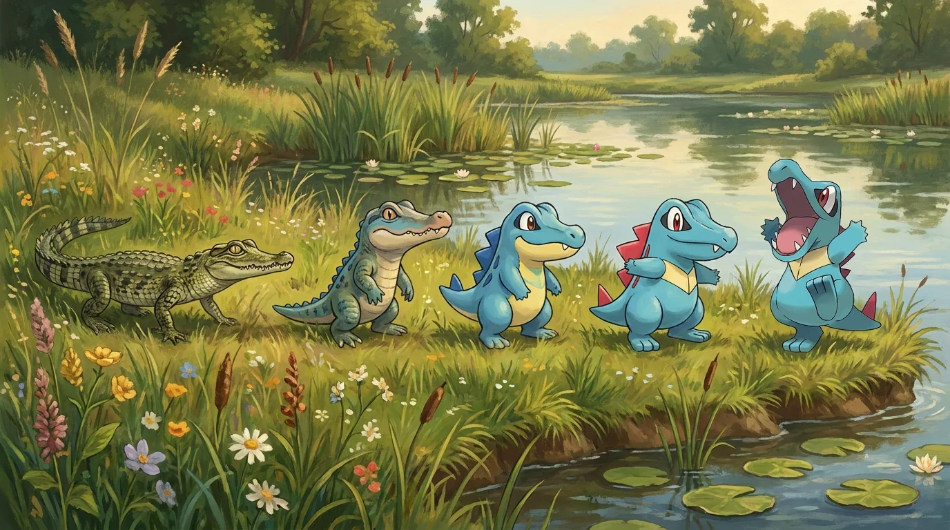 A baby crocodile turning into Totodile