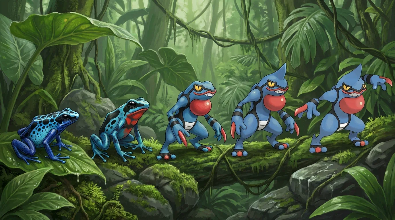A poison dart frog turning into Toxicroak