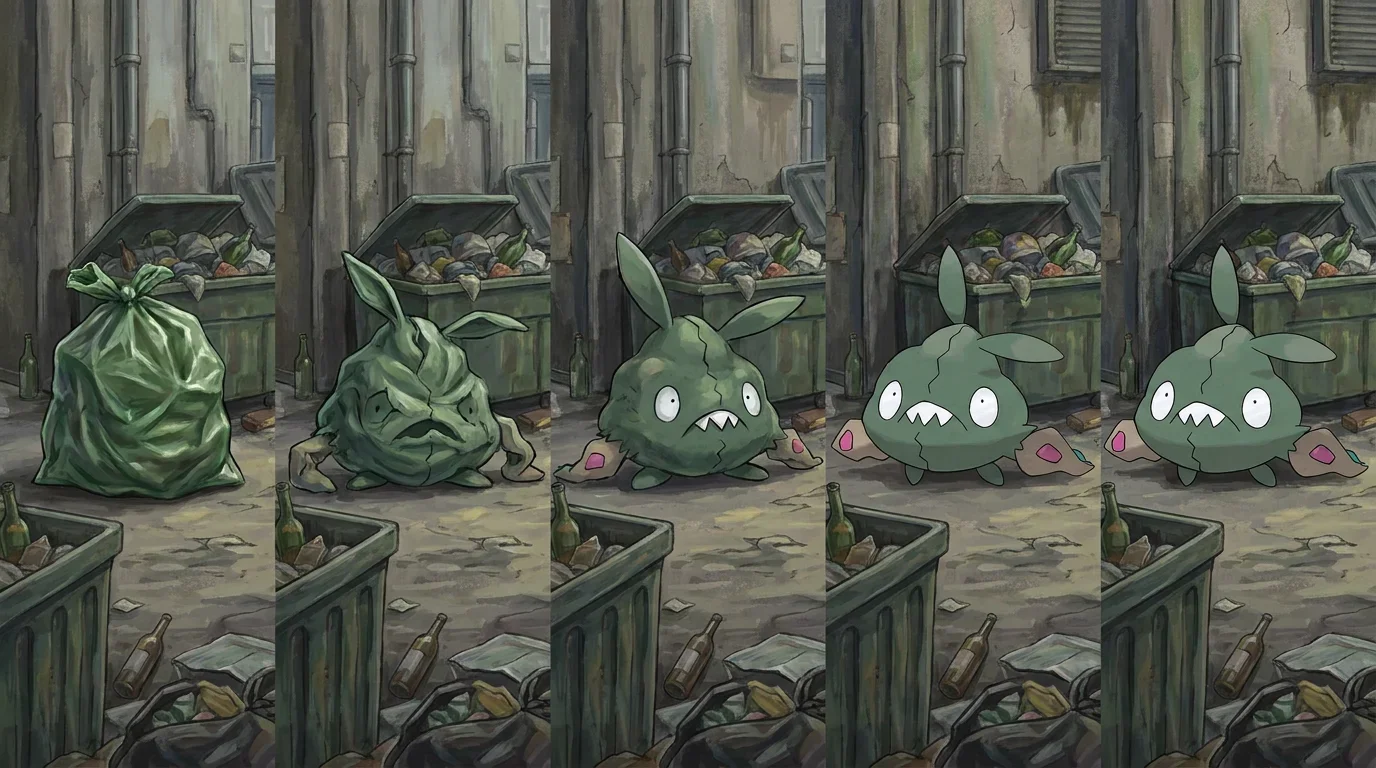A crumpled plastic trash bag turning into Trubbish