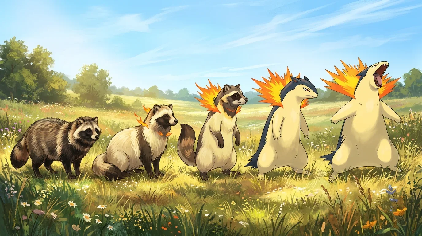 A raccoon dog turning into Typhlosion
