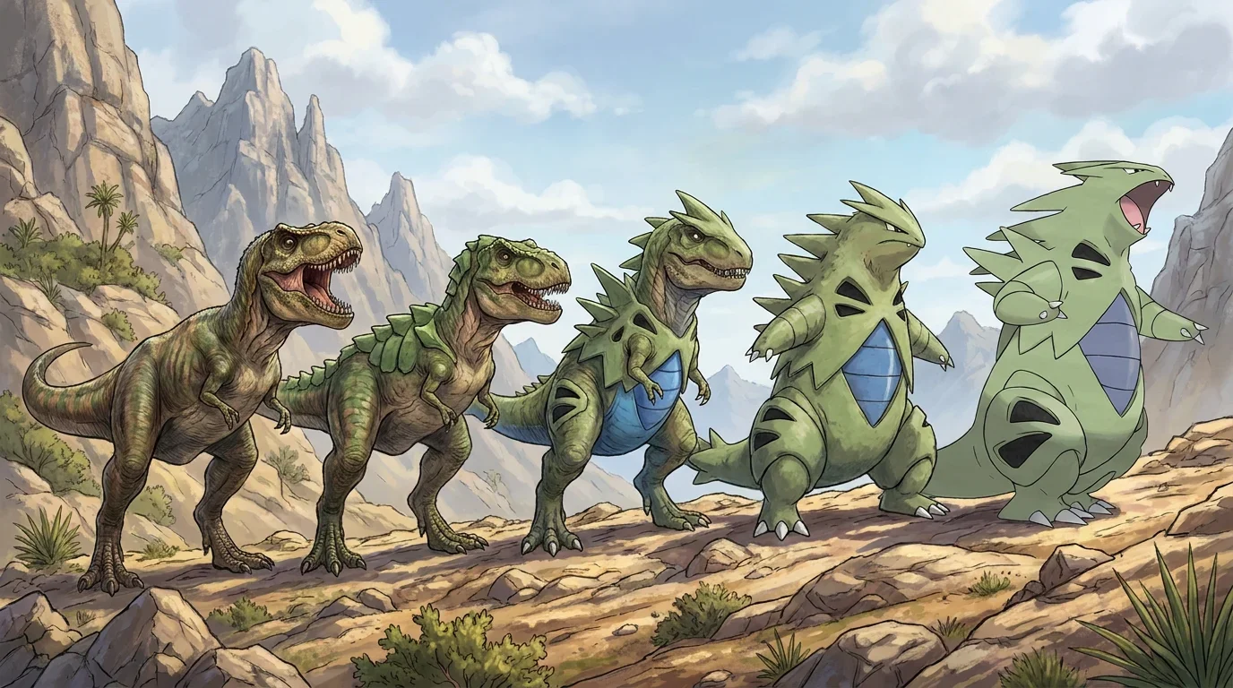 A tyrannosaurus rex turning into Tyranitar