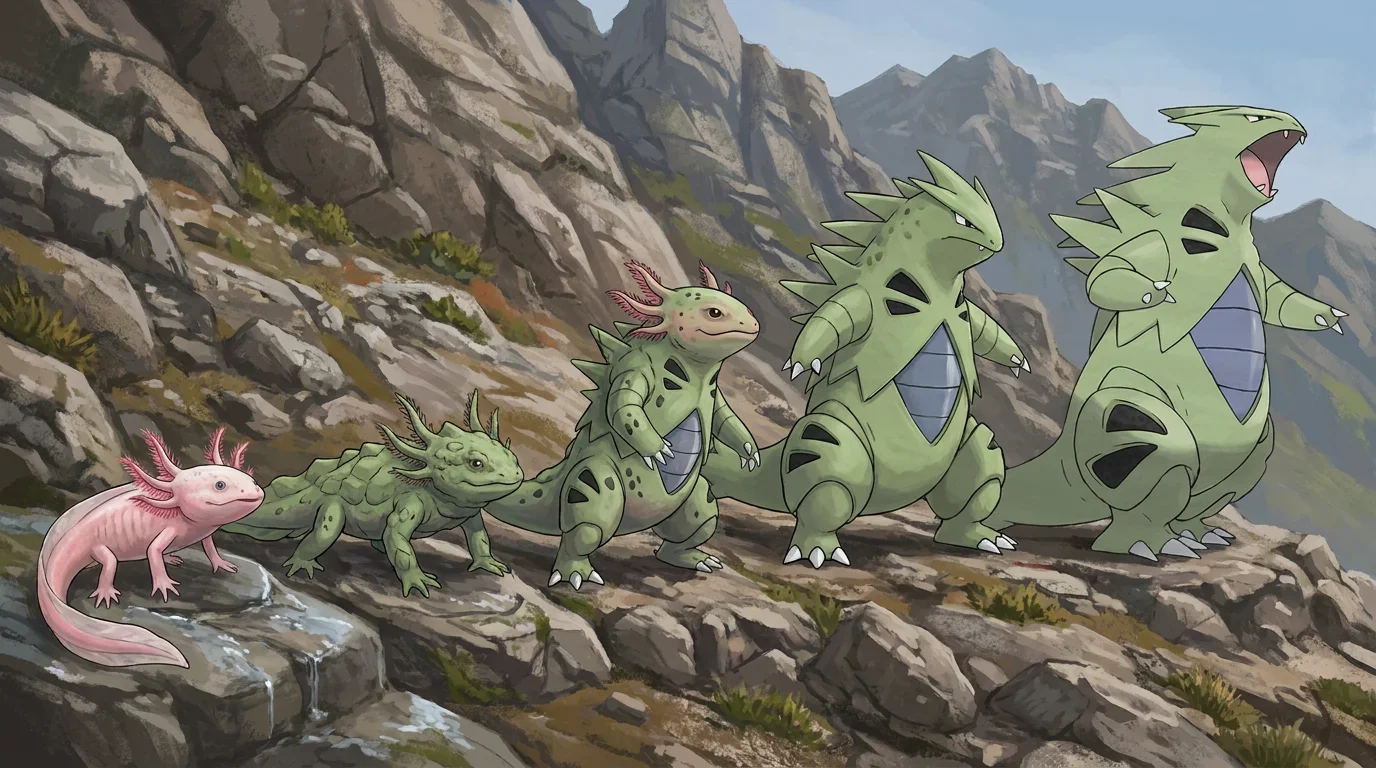 A young axolotl turning into Tyranitar