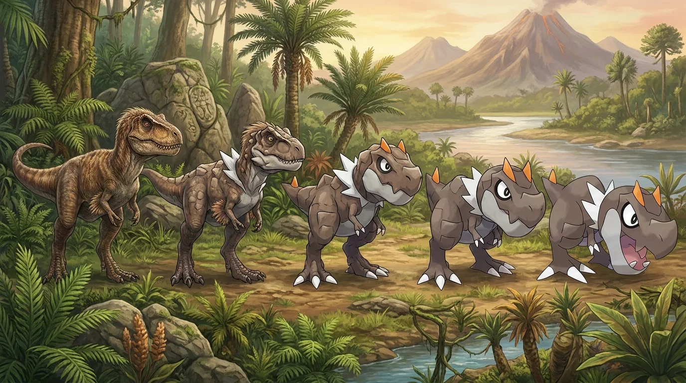 A young tyrannosaurus rex turning into Tyrunt