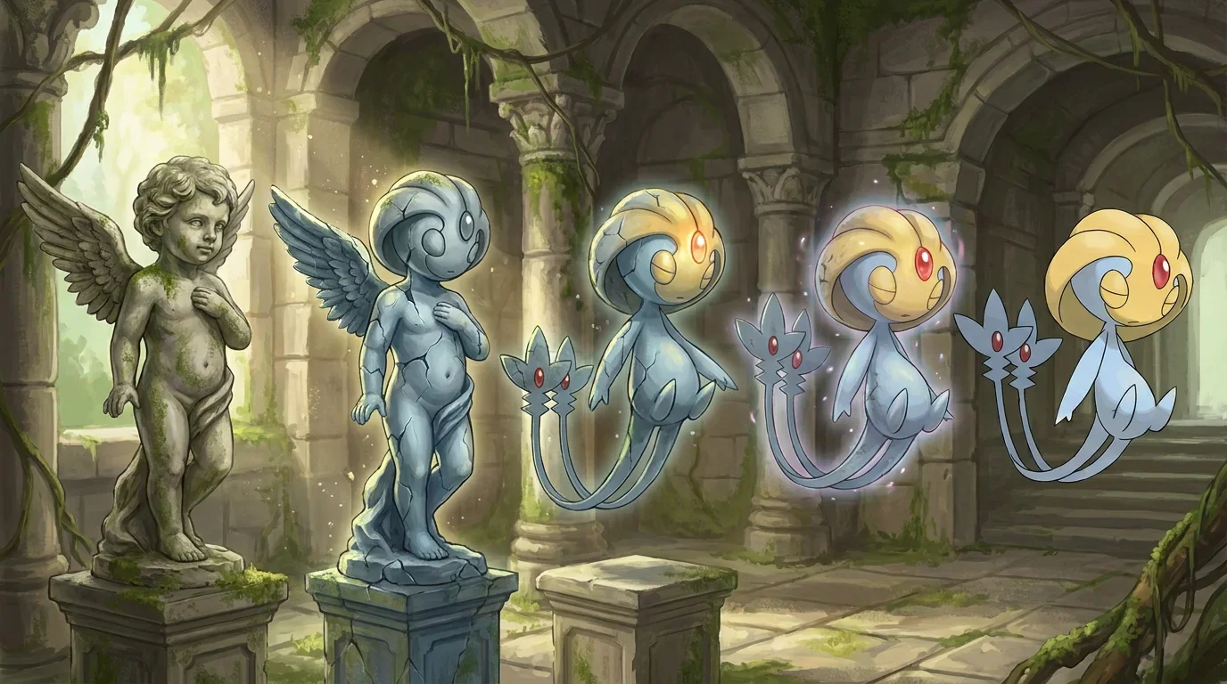 A stone statue of a cherub turning into Uxie