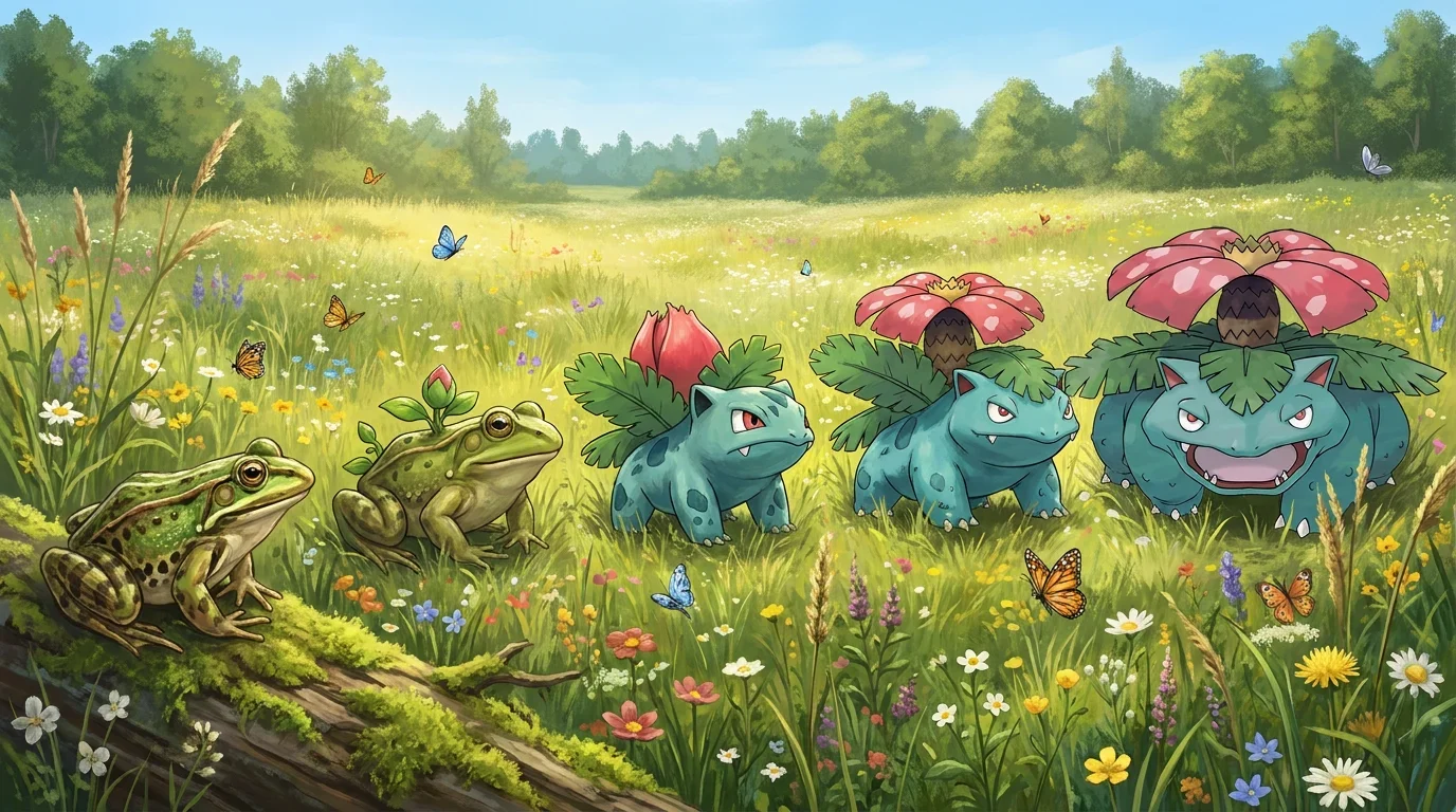A european green frog turning into Venusaur