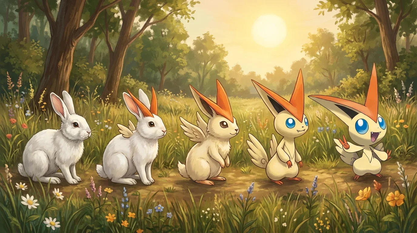 A white rabbit turning into Victini