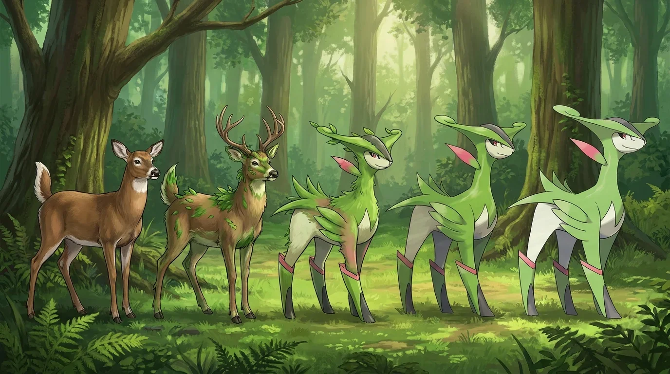 A white tailed deer turning into Virizion