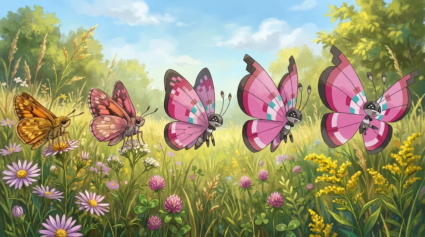 A fiery skipper butterfly turning into Vivillon